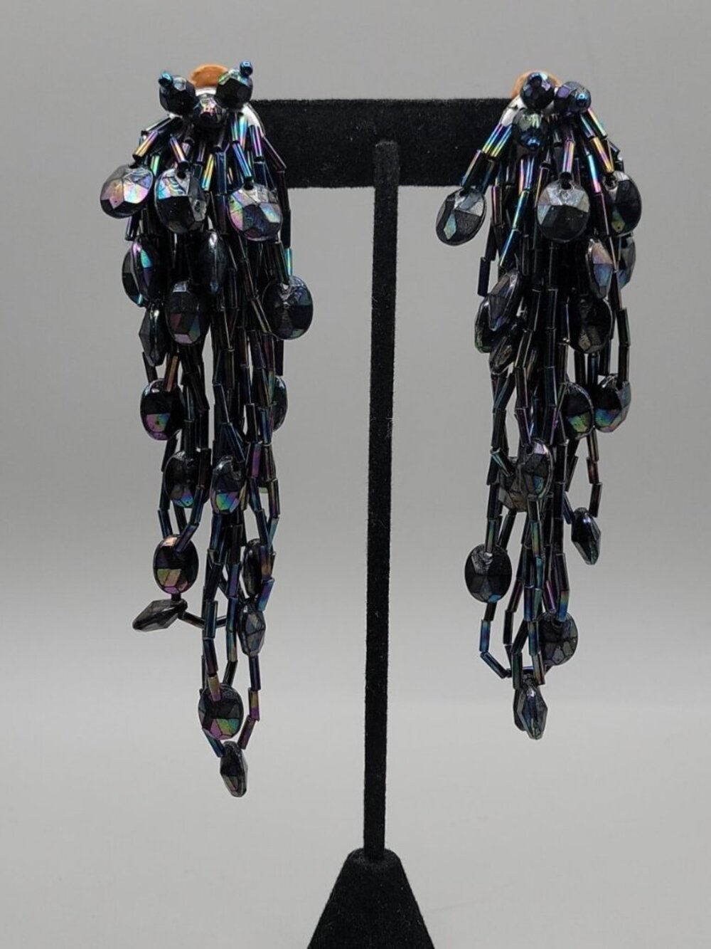 Vintage Abalone Tone Beaded Dangle Statement Clip On Earrings Tube & Oval Beads